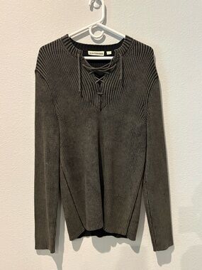 Express Women's Charcoal Ribbed Lace-Up Crewneck Sweater
